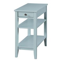 a small table with two shelves on one side and an open drawer on the other