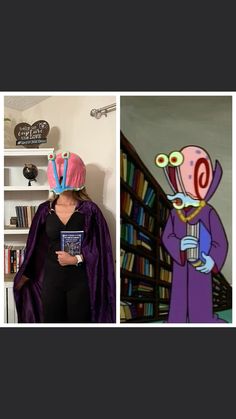 two pictures with cartoon characters and bookshelves in the background, one is holding a book