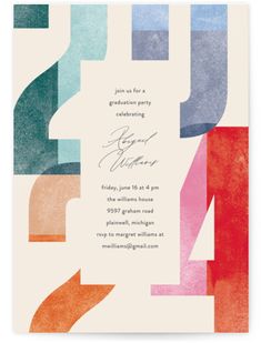 a card with an abstract design in blue, orange and pink on the inside of it