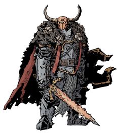 a drawing of a demon with horns and armor