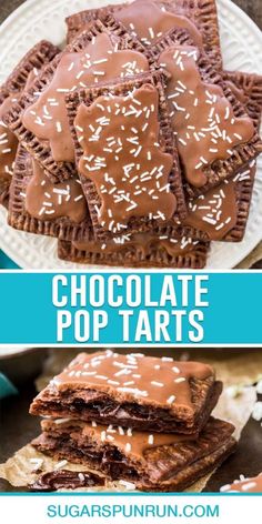 chocolate pop tarts with sprinkles on top and in the background, there is