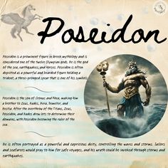 an image of a man with a spear in his hand and the words posiedon on it