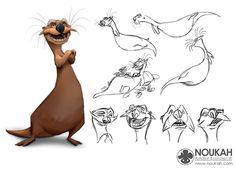 an animated character poses in various poses for animation, including the head and shoulders of otters