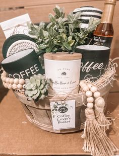 a basket filled with coffee and other items