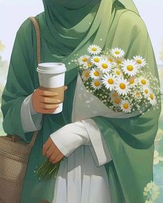 a woman holding a cup of coffee and a bouquet of daisies in her hand