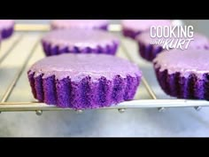 purple cupcakes on a cooling rack with the words cooking with krutt