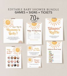 the editable baby shower bundle includes games, signs and tickets to help parents with their new baby