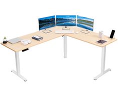 a computer desk with three monitors and a laptop on it's side, in front of a white background