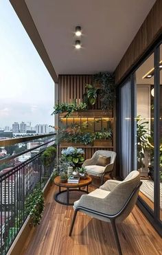 a balcony with two chairs and plants on the wall, overlooking a cityscape