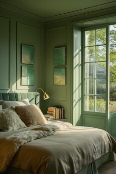 a bed sitting in a bedroom next to a window with lots of light on it