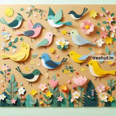 paper cut birds and flowers are displayed on a wall with the words treehut in it