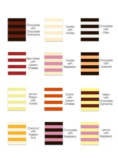 the different shades of chocolate, vanilla and cremee on this page are shown