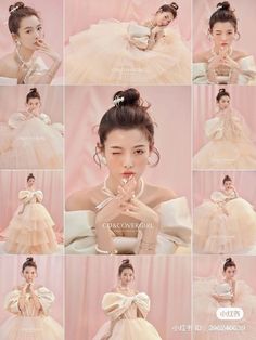 an image of a woman in various poses with her hands on her lips and wearing pearls