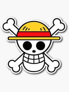 a sticker with a skull wearing a hat and bones on it's face