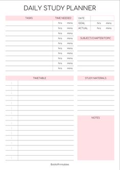 the daily study planner is shown in pink and white, with text that reads daily study planner