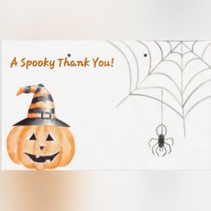 a thank card with a pumpkin and spider on it