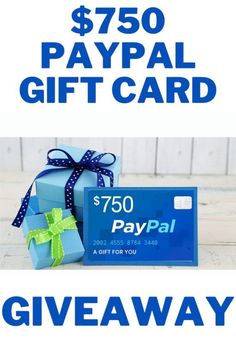 a blue gift card with the words $ 750 paypal and an image of a present