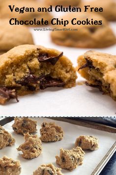 vegan and gluten free chocolate chip cookies on a baking sheet with one bite taken out