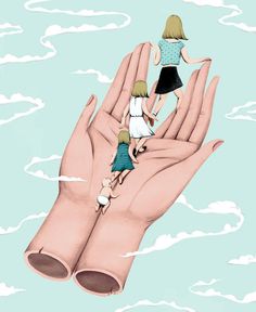 two children are sitting on top of an adult's hand with clouds in the background