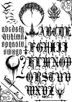 an old fashioned gothic font with spooky letters and bats on it's sides