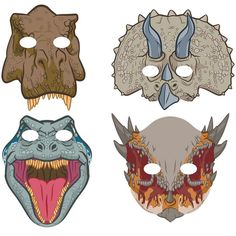 four masks with different designs on them, one has an animal's face and the other has a demon's head