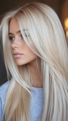 Bright Platinum Blonde Highlights, Bright Blonde Lowlights, Blonde Hair Color Inspiration, Porcelain Skin Hair Color, Platinum Blonde Hair Pale Skin Blue Eyes, Winter Platinum Blonde Hair, Platinum White Blonde Hair, Blonde Bangs Long Hair, Bleach Blonde Hair Platinum