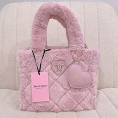 New Juicy Couture Pink Mini Tote Lets Get Cozy Big Spender Dusty Blush Faux Fur Top Handle Crossbody Adjustable Strap Heart Tag Inside Zip Pocket Inside Slip Pocket Approximately 9” X 7.5” X 6” Juicy Couture Purse Pink, Side Bags For Women, Faux Fur Top, Jazmin Bean, Hand Bags For Women, Fur Top, Heart Tag