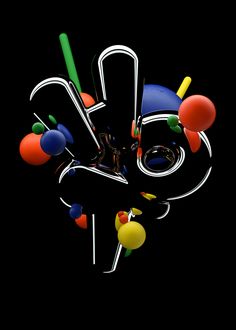 an abstract image of colorful objects floating in the air on a black background, including letters and numbers