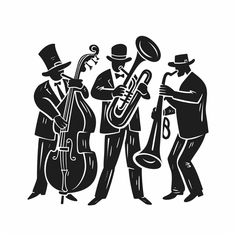 a black and white drawing of three men playing instruments Jazz Aesthetic Black And White, 1920 New Orleans, Jazz Musician Aesthetic, Jazz Band Poster, New Orleans Graphic Design, Jazz Graphic Design, New Orleans Illustration, Stem Classroom Setup, Jazz Font