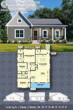 the floor plan for a house with three bedroom and an attached garage, which is located in