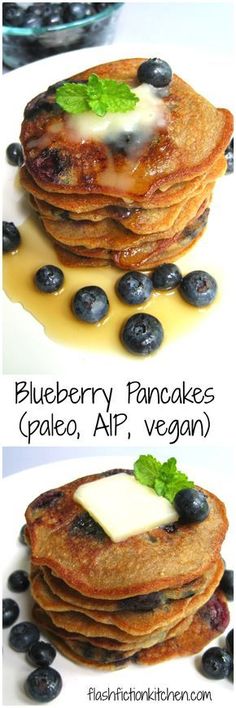 blueberry pancakes are stacked on top of each other