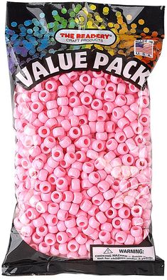 a bag of pink plastic beads