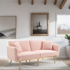 a living room with pink couches and pictures on the wall above it, along with a potted plant