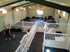 a woman is walking her dog in an indoor facility with white railings and black tile flooring