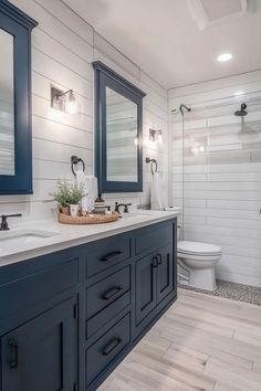 a white and blue bathroom with two sinks, a toilet and a walk in shower