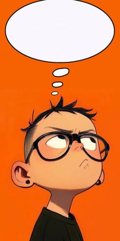 a cartoon boy with glasses and a thought bubble above his head on an orange background