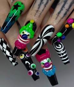 Clown Nails, Circus Nails, Carnival Nails, Fun Halloween Nails, Halloween Nail Ideas, Halloween Acrylic Nails, Punk Nails, Goth Nails