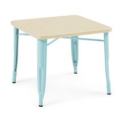 a small wooden table with two legs and a light blue finish on the top, against a white background