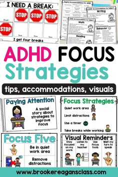 Tips, tricks, visuals and accommodations to help kids in school with ADHD. Social story about paying attention using strategies to improve focus. Visual reminders for children focus strategies for teaching tools to help behavior in the classroom. Teaching Focus And Attention, Behavior Visuals For Classroom, Add In The Classroom, Deescalation Strategies Classroom, Behavior Interventions Strategies, School Bcba, Special Education Teacher Organization, Mtss Interventions, Positive Behavior Intervention