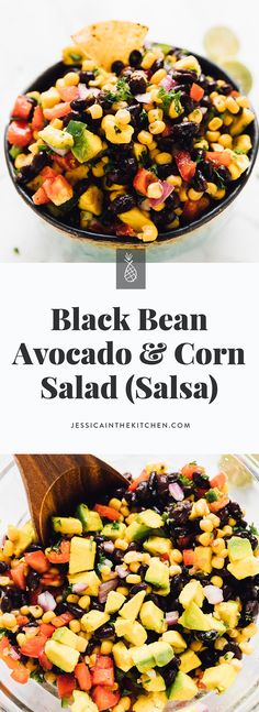 black bean avocado and corn salad in a glass bowl