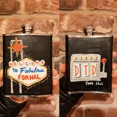 two black flasks with the las vegas sign and welcome to fabulous formal written on them