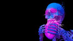 a skeleton is holding something in his hands and it's glowing blue with purple streaks