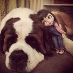 a close up of a dog laying on a bed with a doll next to it