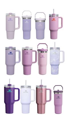 thermos mugs are all different colors and sizes, but one has a straw in it