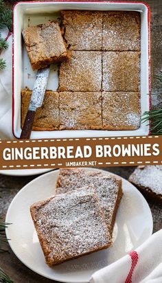 gingerbread brownies with powdered sugar on top in a baking pan and plate