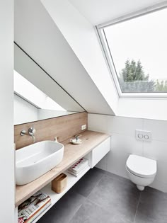 a white toilet sitting next to a bathroom sink under a skylight in a bathroom