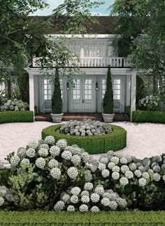 an artist's rendering of a house surrounded by hedges and bushes with white flowers in the foreground