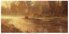 an image of a painting of a river in the woods with fog and sunlight coming through trees