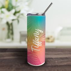 Bring the tropical vibes with you all summer long with this fun beachy tropical palm leaves personalized tumbler. It's key to stay hydrated during the warm summer months. #personalizeddrinkware #personalizedtumblercups #tumblercupideas #summergifts Personalized Beer Glasses, Palm Leaf Design, Pool Vacation, Summer Tumbler, Personalized Wine Glasses, Word Art Design, Leaves Design, Personalized Coffee Mugs, Summer Gifts