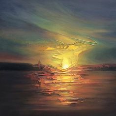 an oil painting of a boat in the ocean at night with light coming from it's sails